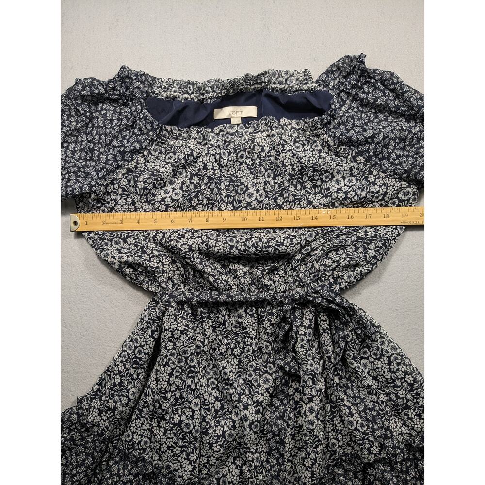 Loft Dress Women's Large Navy Blue White Floral Off the Shoulder Belted Chic EUC - Picture 7 of 10